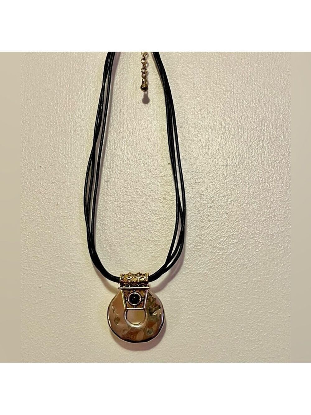 Chico’s hammered metal big pendant 3 strand black leather 90s whimsigoth 1990s